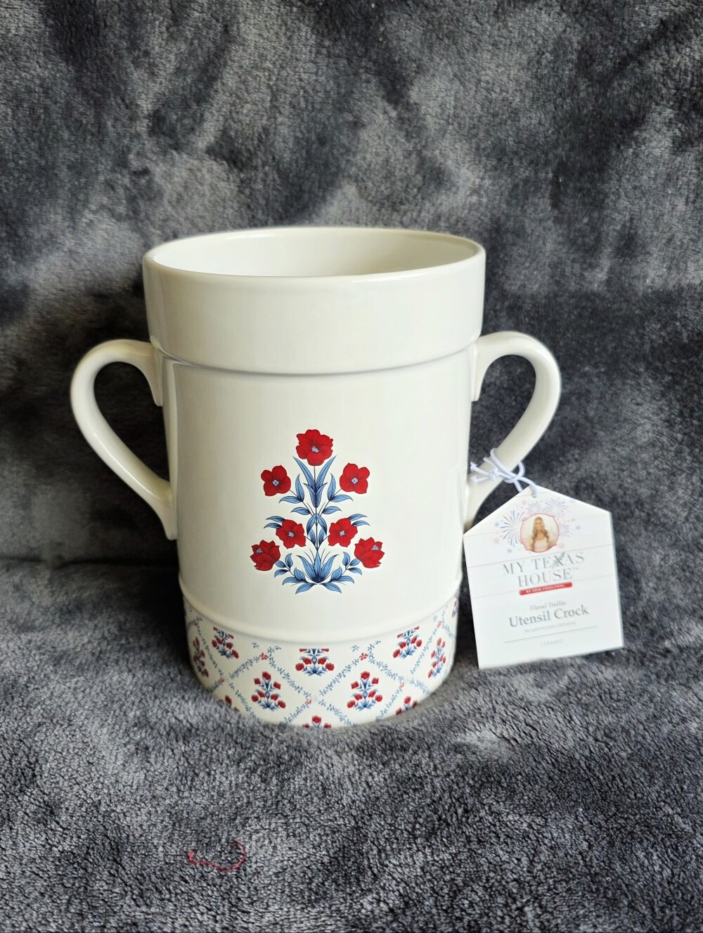 My Texas House New Poppy Trellis Ceramic Utensil Crock / Vase, Red White Blue 7"
